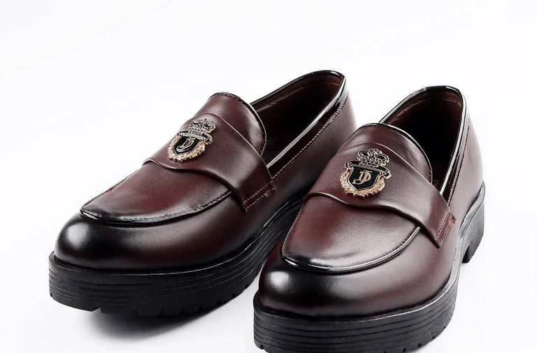 a pair of shoes with a horse head on it