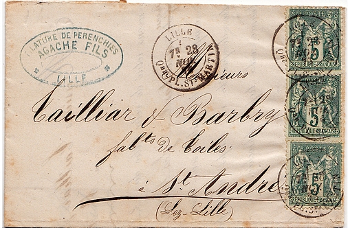 Letter franked at 15 c (rate of 01/01/1876) from the branch post office of Quartier PLACE ST MARTIN