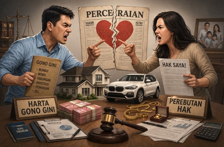 Pasangan suami istri berdebat mengenai pembagian harta dan aset perkawinan selama proses perceraian.