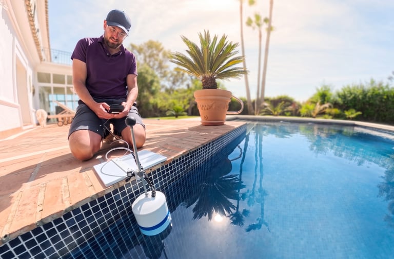 Professional pool technician testing water loss with a digital sensor and smart device.