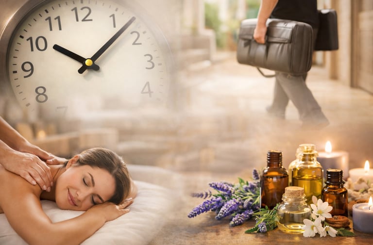 colage de imagnes, reloj, camilla de masaje perona tomando un masaje, aceites esenciales