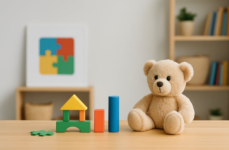 a teddy bear sitting on a table with blocks and toys