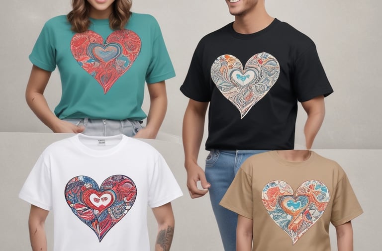 Close-up of colorful custom printed t-shirts and bags arranged on a wooden table.