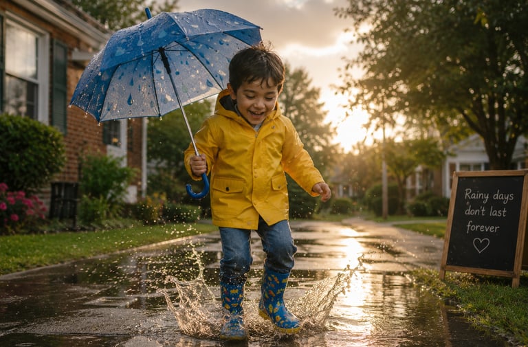 A child splashing in the puddles after a rainstorm,.