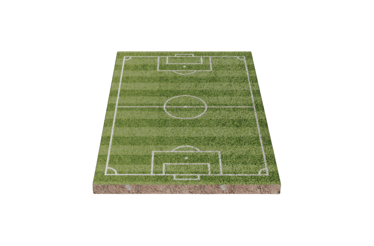 3D isometric view of a green grass football pitch with white line markings on a black background.