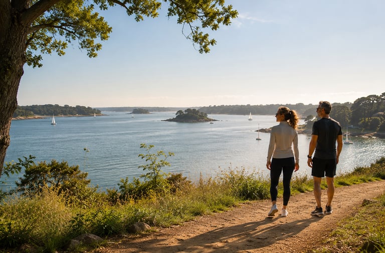 Promenade côtière ensoleillée et paisible pour un couple 40+