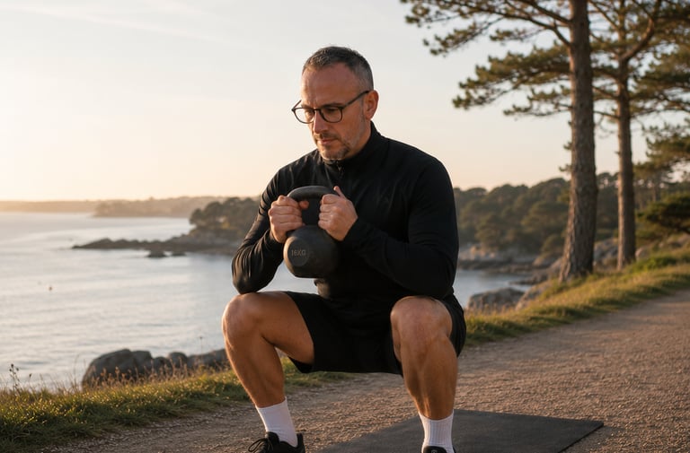 Entrainement fonctionnel d'un exercice de squat avec une kettlebell au bord du Golfe à Sarzeau
