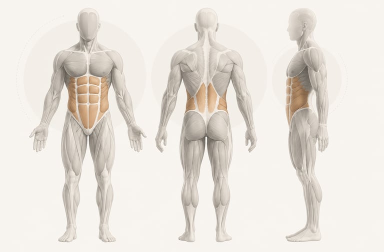 Diagramme anatomique minimaliste du corps humain ciblant les muscles lors d'un gainage.