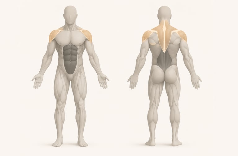 Diagramme anatomique minimaliste du corps humain ciblant les muscles lors d'élévations latérales