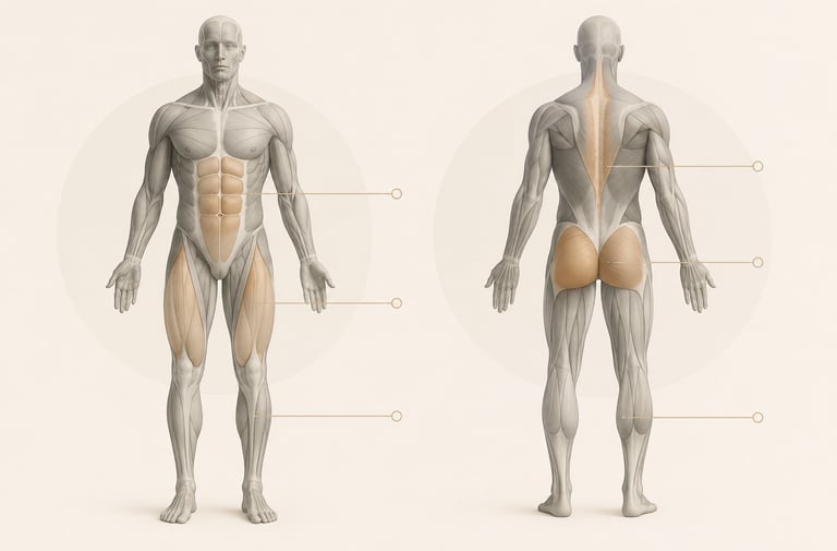 Diagramme anatomique minimaliste du corps humain ciblant les muscles inférieurs lors d'un Goblet Squat