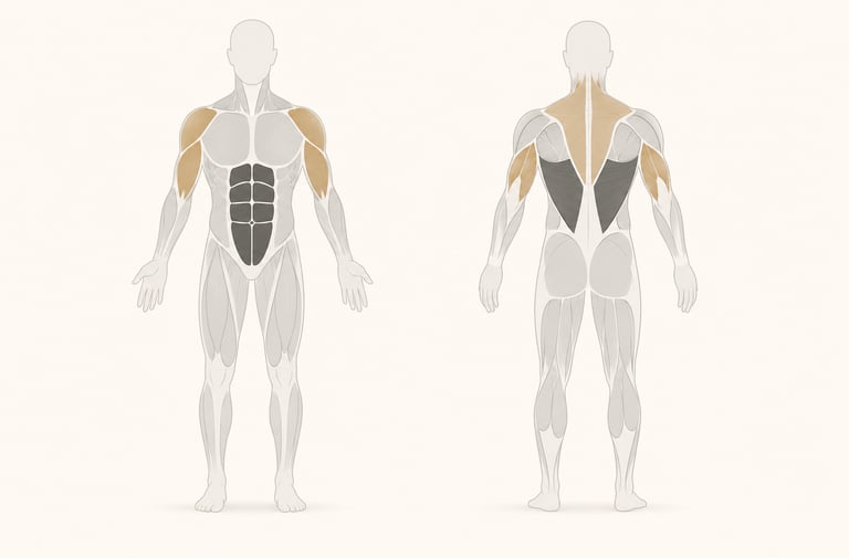 Diagramme anatomique du corps humain mettant en évidences les muscles travaillés à la Shoulder Press