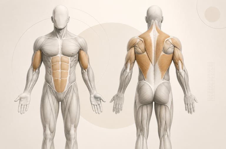 Diagramme anatomique du corps humain mettant en évidence les muscles travaillés par le tirage vertical