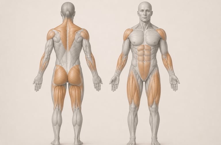Digramme anatomique du corps humain mettant en évidence les muscles travaillés par l'exercice Farmer Carry