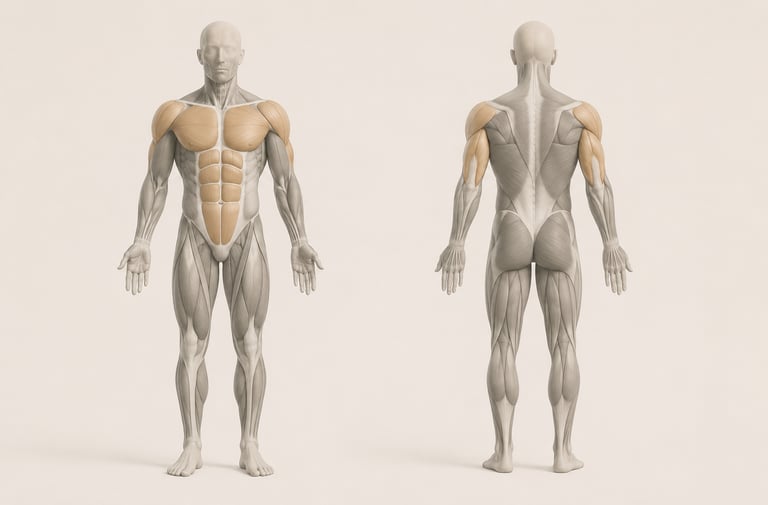 Diagramme anatomique du corps humain mettant en évidence les muscles travaillés par la Chest Press