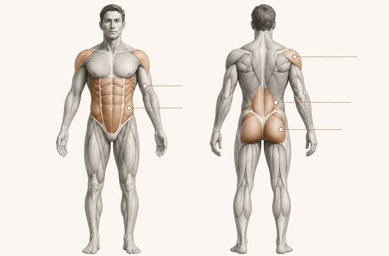 Diagramme anatomique du corps humain mettant en évidence les muscles travaillés par l'exercice de gainage