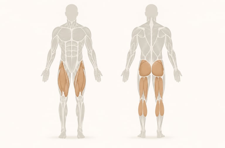 Diagramme anatomique minimaliste du corps humain ciblant les muscles inférieurs