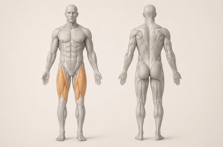 Diagramme anatomique du corps humain avec un focus sur les quadriceps
