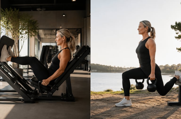 Femme 40+ en entraînement RPL Plus des quadriceps sur machine et au poids du corps avec haltères