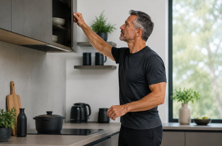 Homme dans une cuisine moderne qui ouvre un placard en hauteur illustrant les bénéfices d'un renforcement musculaire.