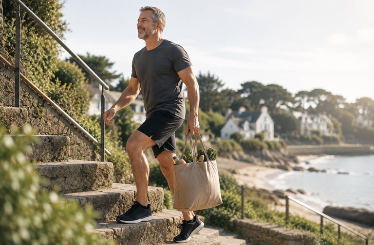 Homme de 40+ en mouvement au bord de la mer portant sac de retour du marché à Arzon