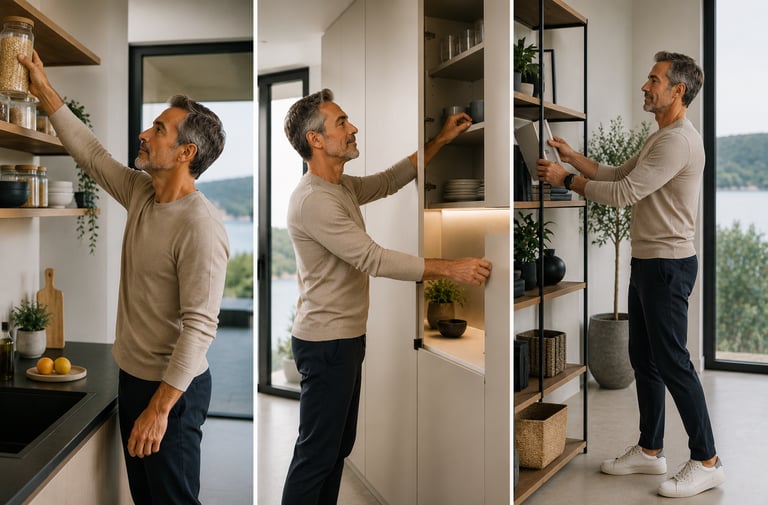 Moments de vie dans un intérieur moderne illustrant l'importance de la mobilité et du renforcement musculaire des épaules.