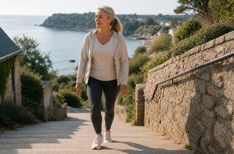 Femme 40+ en promenade sur les escaliers côtiers