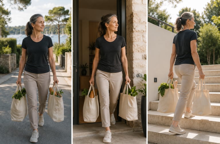 Femme 40+ portant sacs avec aisance grâce à l'entraînement Farmer Carry