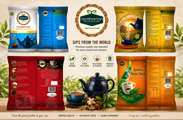 Product display of Vardhaman premium tea blends including Golden CTC and Golden Sona Dust tea packaging with a teapot.