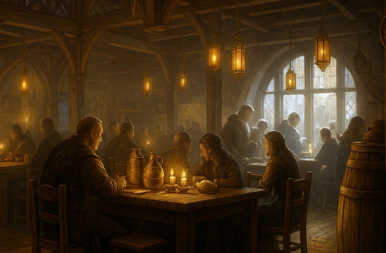 A warmly lit inn glows with lanternlight as people gather at wooden tables, sharing food & drink