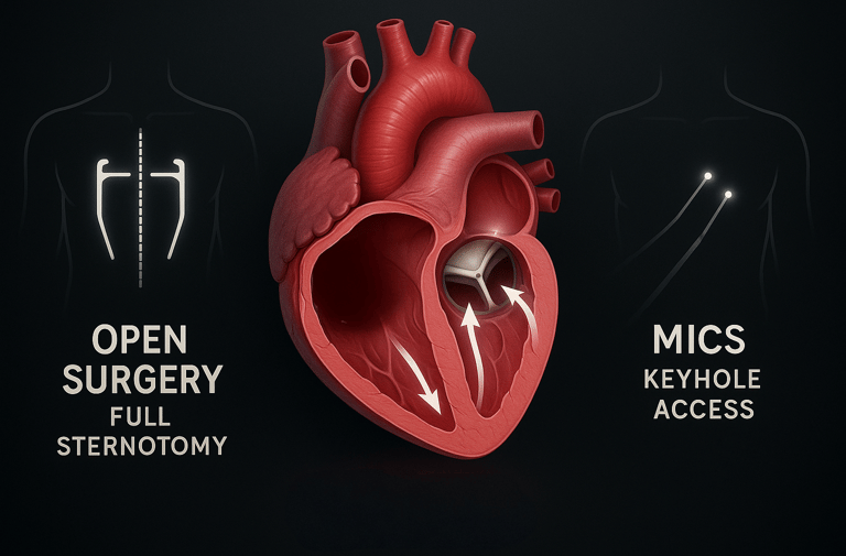 an image showing Comparison of open-heart surgery vs MICS for aortic valve replacement