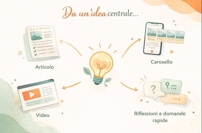 “Illustrazione che mostra come un’idea centrale può diventare articoli, video, caroselli e contenuti