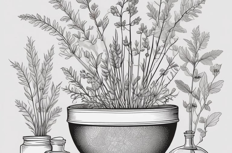 A small black-and-white line illustration of a calm herb sprig.