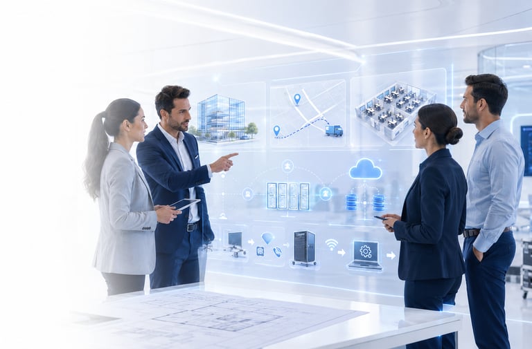 Business professionals interacting with a 3D digital interface showing cloud computing and smart building logistics.