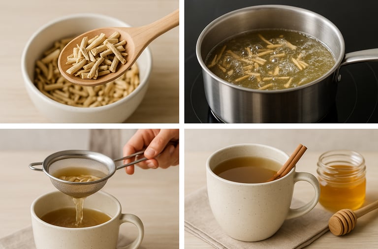 Step-by-step process of making ashwagandha tea from root and powder.