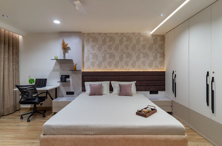 Bedroom interior design with study table wardrobe ambient lighting