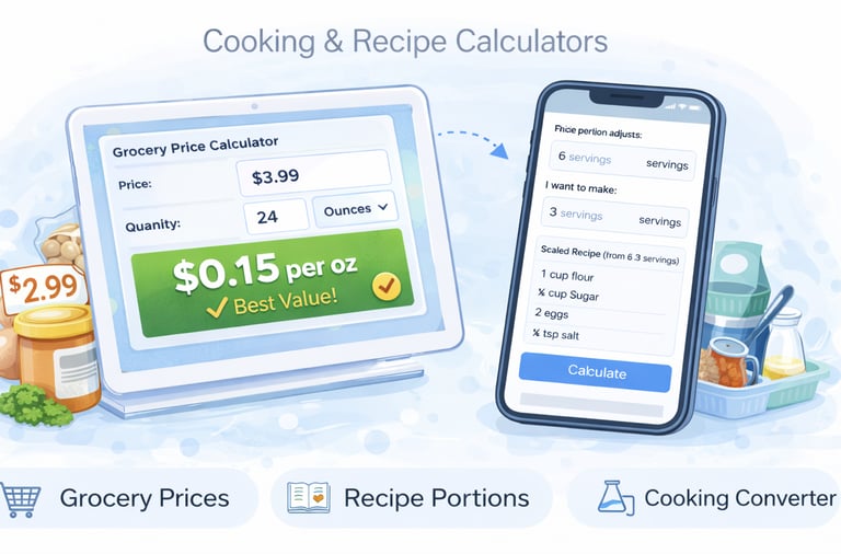 Food tools dashboard with recipe scaling, cooking conversions, and grocery price calculators for practical food planning