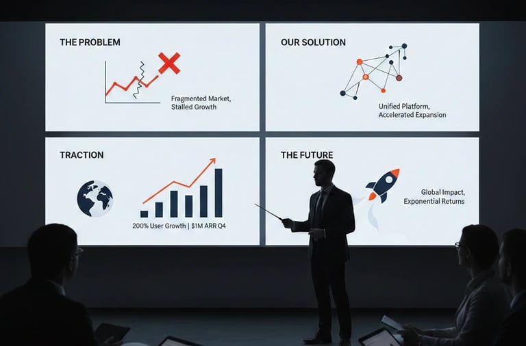 Visual storytelling and minimalist pitch deck design for high-growth venture capital pitches.