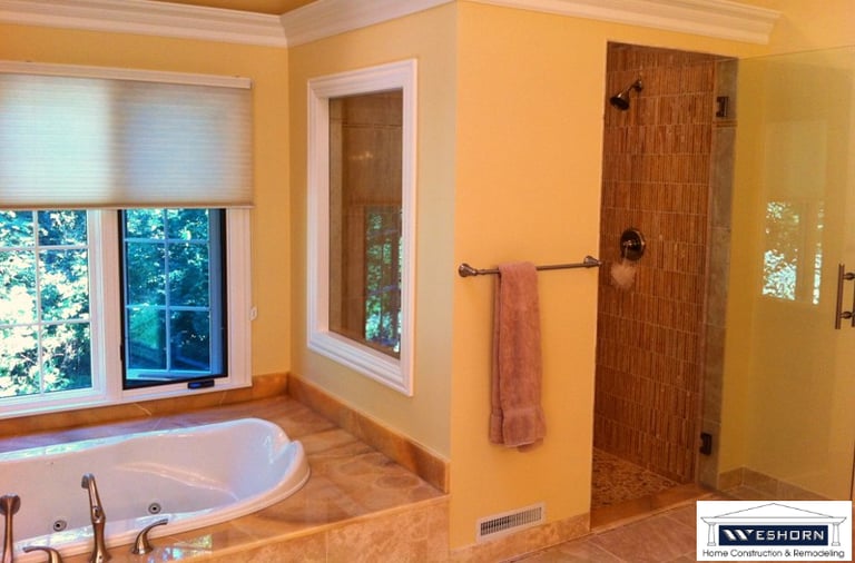 Bathroom design and remodeling project with modern tile, and fixtures in Long Grove