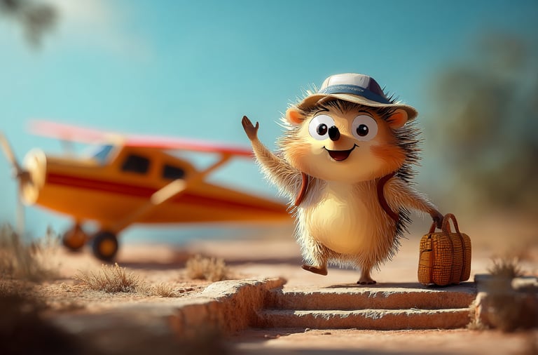 Tumbleberry Hedgehog waving in front of a plane