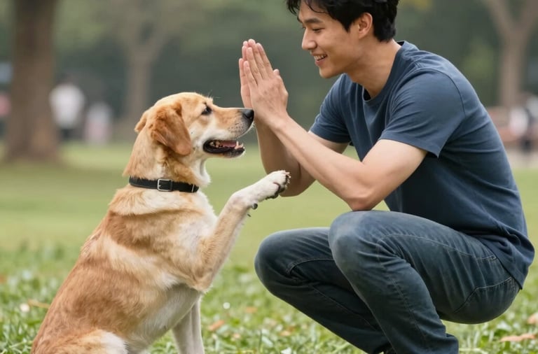 A joyful golden retriever sitting in a sunlit park with soft-focus greenery in the background.