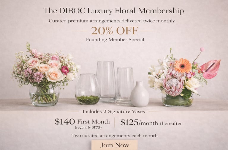 DIBOC luxury floral membership offer featuring premium flower arrangements and signature glass vases.