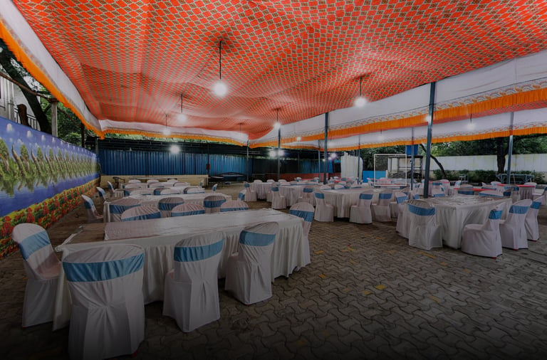 Elegant guest seating and dining tables at Omkar Garden Mangal Karyalaya, Kondhwa Pune 