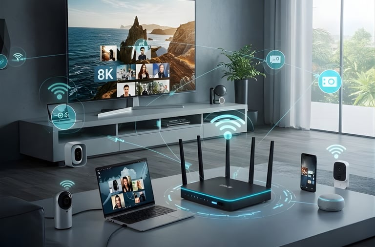 A high-speed Wi-Fi 6 router connecting smart home devices including an 8K TV, laptop, and security cameras.