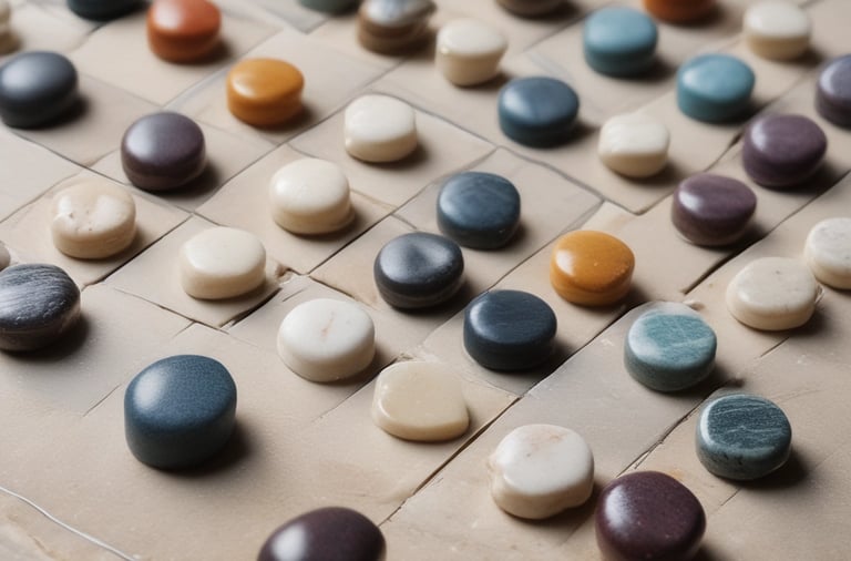 A collection of artisan jewelry displayed on a table with various pieces, including rings and necklaces, featuring colorful stones. Soft focus in the background highlights a vintage television and some decorative items, such as corks and glass containers. Warm lighting illuminates the scene, creating a cozy and inviting atmosphere.