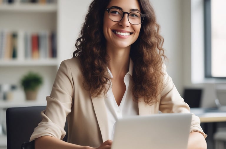 A person smiling while reviewing financial documents at a desk.