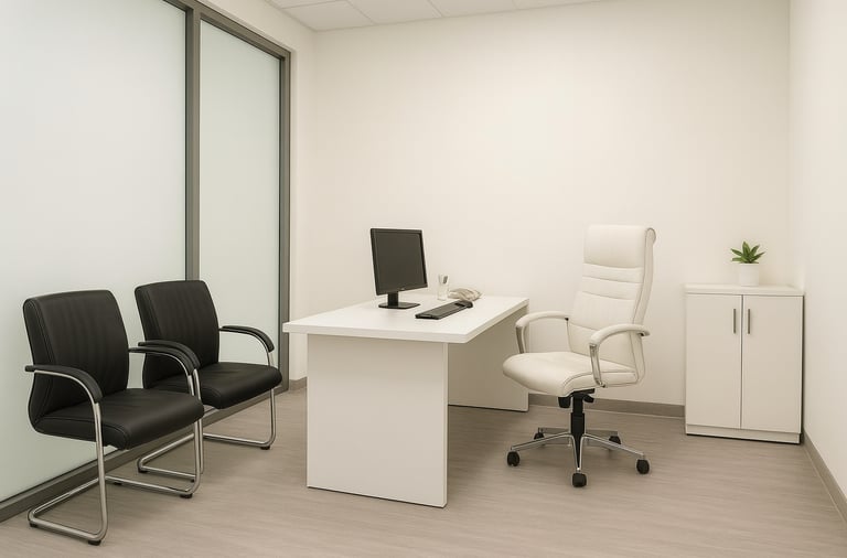 Studio medico moderno con pellicola LCD opaca sulla parete in vetro, scrivania professionale