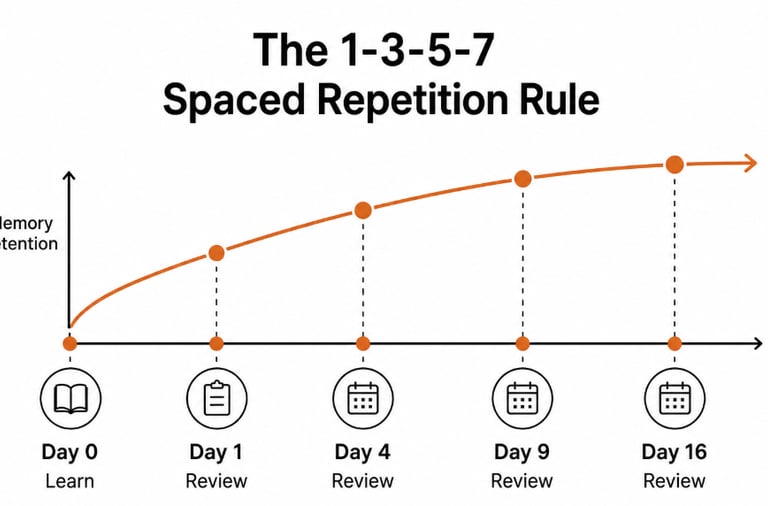 An infographic showing the 1-3-5-7 spaced repetition rule graph for memory retention and learning.