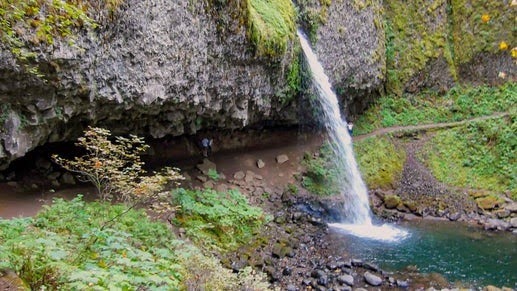 Columbia River Gorge - ponytail falls flows out over a cliff overhang into a blue/green pool