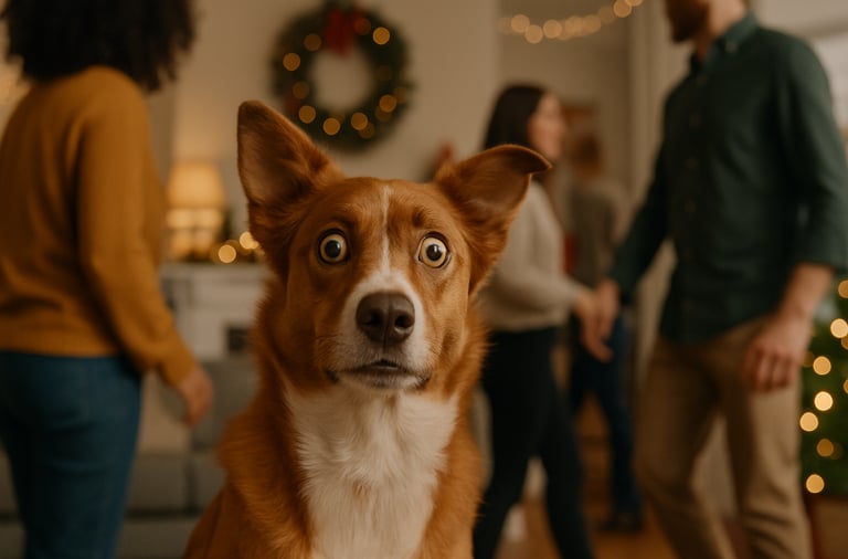 Dog feeling alert with holiday guests nearby.