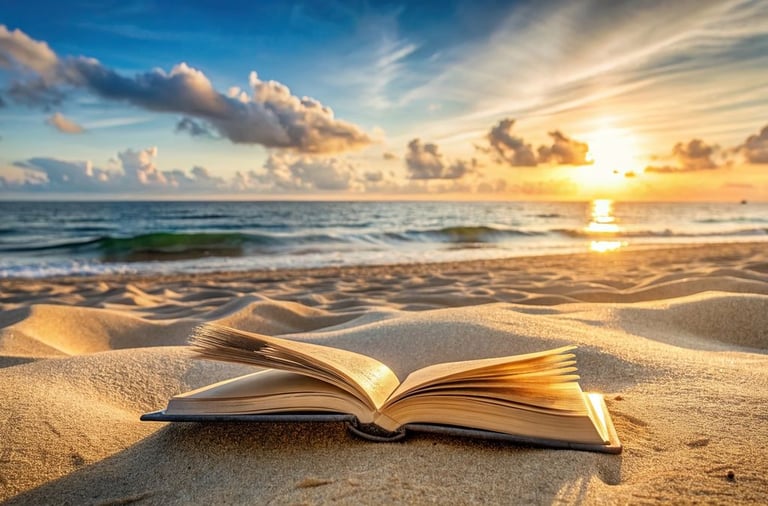 Livre ouvert sur une plage ensoleillée illustrant un espace de réflexion et de réponses